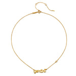 Gemini Expression Zodiac Script Necklace displayed flat, emphasizing its beauty and significance as a piece of spiritual jewelry for manifestation and connection to zodiac traits.
