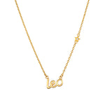 Leo Radiance Zodiac Script Necklace showcasing the elegant 'leo' pendant adorned with a star, symbolizing creativity and confidence, perfect for spiritual jewelry and manifestation during meditation practices, linking to zodiac themes of meaning and protection.