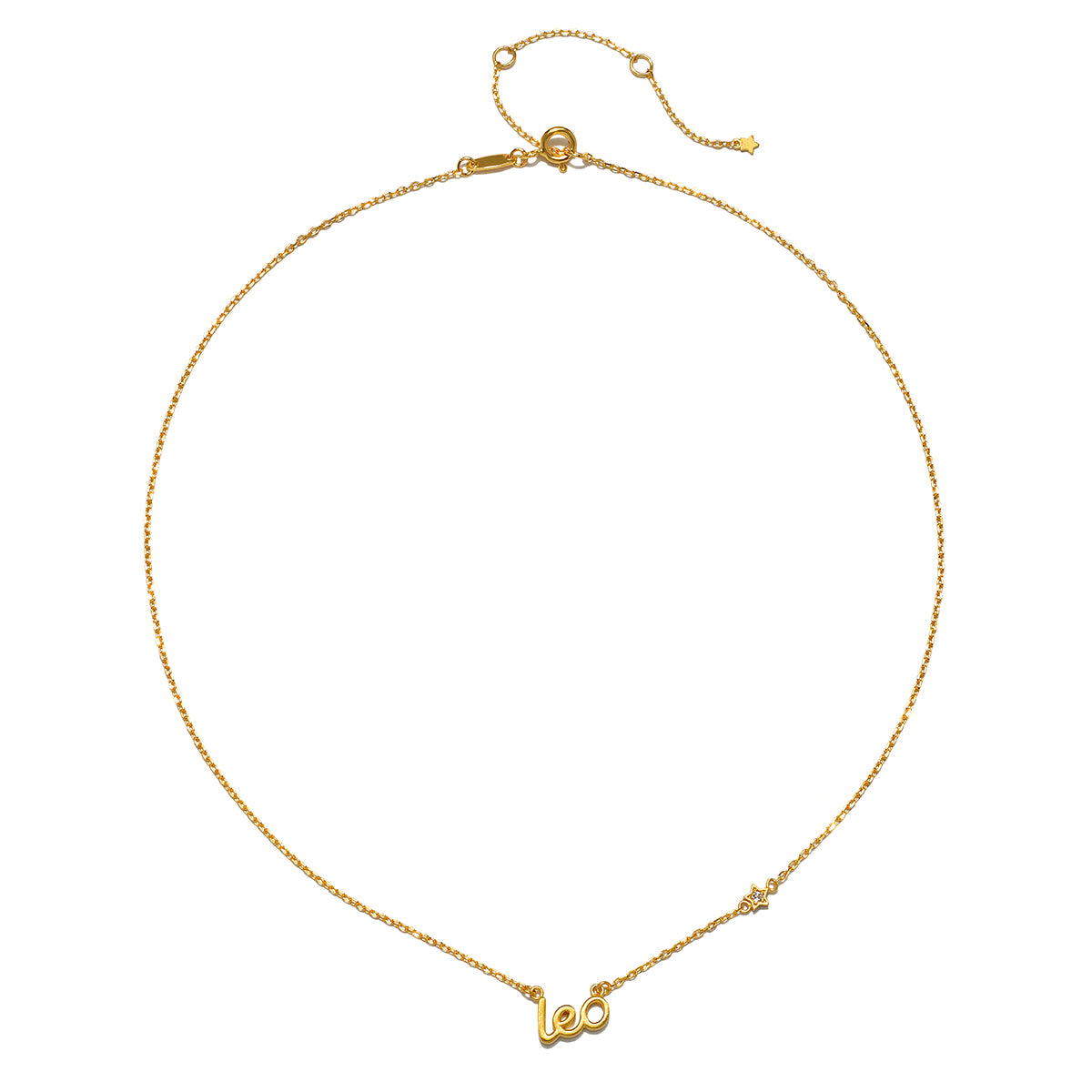 Close-up view of the Leo Radiance Zodiac Script Necklace highlighting its delicate design and adjustable length, a beautiful piece of spiritual jewelry that embodies the essence of the sun sign Leo, perfect for meditation and personal expression.