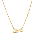 Libra Harmony Zodiac Script Necklace featuring a delicate gold pendant that elegantly displays the word 'libra', symbolizing balance and harmony, ideal for spiritual jewelry, meditation, or as a meaningful talisman for protection and manifestation in your life.