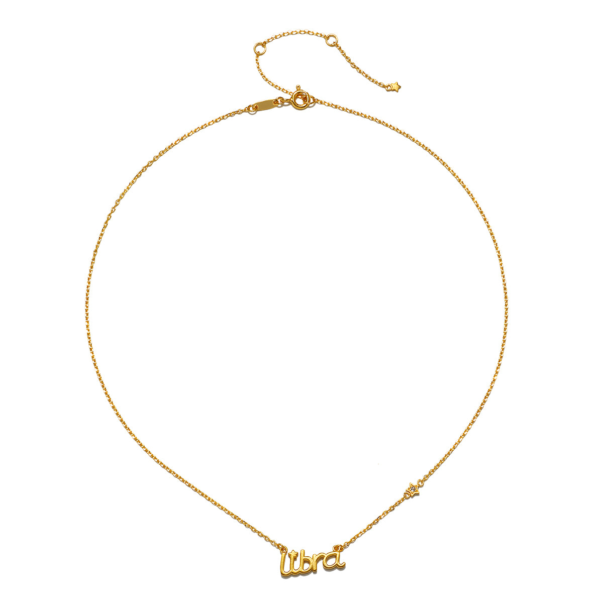 Libra Harmony Zodiac Script Necklace featuring delicate gold plating, symbolizing grace and balance in spiritual jewelry, ideal for meditation and manifestation. This meaningful talisman represents the Libra zodiac, perfect for yoga practitioners seeking harmony and protection.