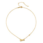 Libra Harmony Zodiac Script Necklace featuring delicate gold plating, symbolizing grace and balance in spiritual jewelry, ideal for meditation and manifestation. This meaningful talisman represents the Libra zodiac, perfect for yoga practitioners seeking harmony and protection.