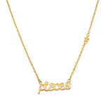 Pisces Intuition Zodiac Script Necklace showcasing a delicate gold design, perfect for those seeking spiritual jewelry with deep meaning. This necklace symbolizes protection and manifestation, making it ideal for meditation and yoga practices.