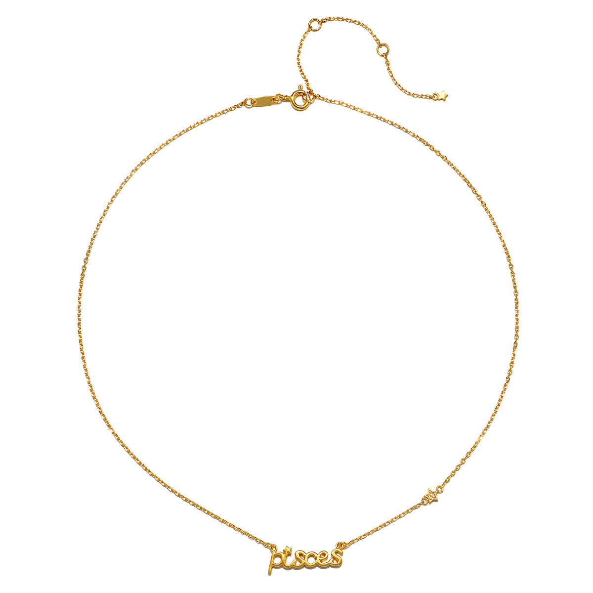 Pisces Intuition Zodiac Script Necklace showcasing the elegant gold chain featuring the script 'pisces.' This spiritual jewelry serves as a meaningful talisman for meditation and manifestation, enhancing intuition and protection for those born under the zodiac sign. Perfect for yoga enthusiasts seeking deeper spiritual connections.