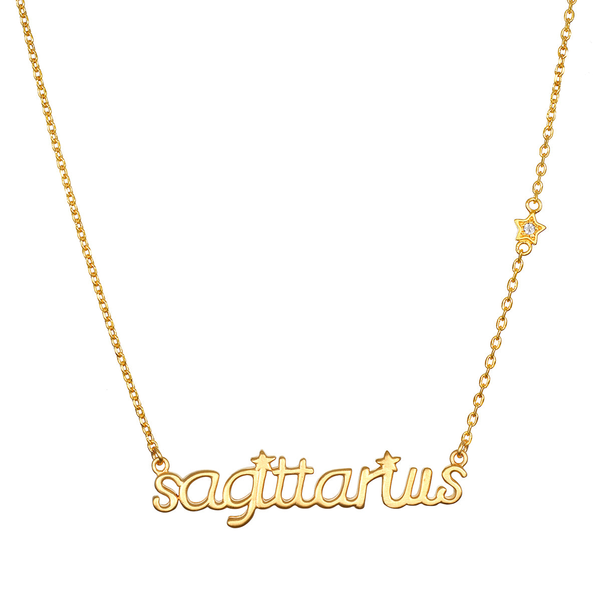 Sagittarius Freedom Zodiac Script Necklace featuring a delicate gold design with the word 'sagittarius' and star accents, perfect for spiritual jewelry, meditation, and manifestation. This meaningful necklace symbolizes the Sagittarius spirit, making it an ideal talisman for protection and a reflection of your zodiac. Perfect for yoga enthusiasts or those seeking greater meaning in their journeys.