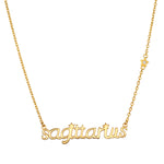 Sagittarius Freedom Zodiac Script Necklace featuring a delicate gold design with the word 'sagittarius' and star accents, perfect for spiritual jewelry, meditation, and manifestation. This meaningful necklace symbolizes the Sagittarius spirit, making it an ideal talisman for protection and a reflection of your zodiac. Perfect for yoga enthusiasts or those seeking greater meaning in their journeys.