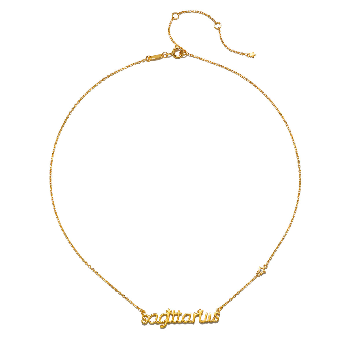 Elegant Sagittarius Freedom Zodiac Script Necklace showcasing the word 'sagittarius' in gold with a minimalistic charm, embodying the essence of spiritual jewelry and zodiac energy. This necklace serves as a beautiful talisman for meditation and manifestation, connecting the wearer with their sun and moon signs while promoting protection and meaningful exploration.