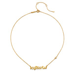 Elegant Sagittarius Freedom Zodiac Script Necklace showcasing the word 'sagittarius' in gold with a minimalistic charm, embodying the essence of spiritual jewelry and zodiac energy. This necklace serves as a beautiful talisman for meditation and manifestation, connecting the wearer with their sun and moon signs while promoting protection and meaningful exploration.