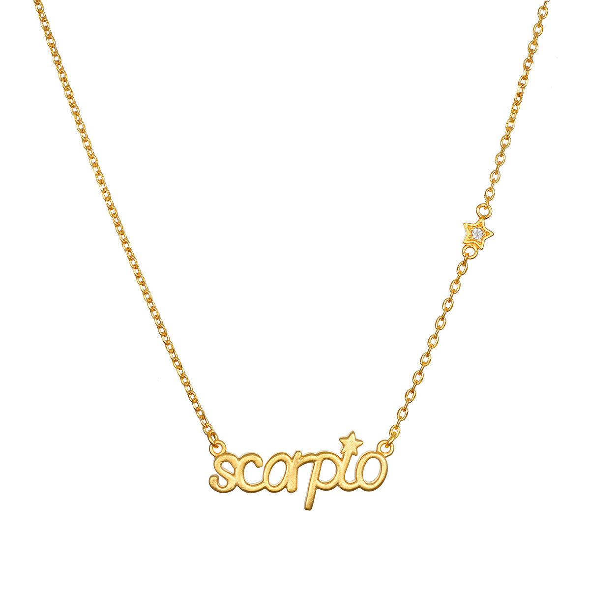 Scorpio Transformation Zodiac Script Necklace featuring a delicate gold pendant with the word 'scorpio' and a small star charm, perfect for spiritual jewelry and meditation. This stunning piece serves as a talisman representing the zodiac sign, infused with meaning for manifestation and protection in your yoga practice.