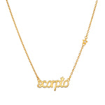 Scorpio Transformation Zodiac Script Necklace featuring a delicate gold pendant with the word 'scorpio' and a small star charm, perfect for spiritual jewelry and meditation. This stunning piece serves as a talisman representing the zodiac sign, infused with meaning for manifestation and protection in your yoga practice.