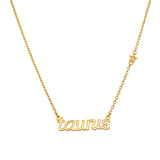 Taurus Stability Zodiac Script Necklace featuring a graceful 'taurus' pendant, symbolizing strength and grounded presence in spiritual jewelry, perfect for meditation and manifestation.