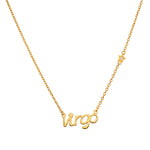 Virgo Clarity Zodiac Script Necklace in gold featuring the word 'virgo' and a small star, symbolizing spiritual jewelry connected to the Virgo zodiac. A perfect talisman for meditation and meaningful manifestation, it embodies protection and purpose, ideal for yoga enthusiasts.