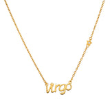 Virgo Clarity Zodiac Script Necklace in gold featuring the word 'virgo' and a small star, symbolizing spiritual jewelry connected to the Virgo zodiac. A perfect talisman for meditation and meaningful manifestation, it embodies protection and purpose, ideal for yoga enthusiasts.