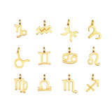 Zodiac Glyph Charm collection featuring 12 zodiac symbols in 18kt gold plate, perfect for spiritual jewelry and meditation. These talismans represent different zodiac signs, ideal for manifestation and meaningful connections during yoga practice.