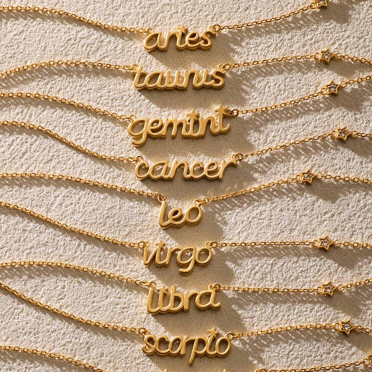 Overview of various Zodiac Script Necklaces including Cancer, showcasing unique spiritual jewelry pieces. Each necklace serves as a meaningful talisman for meditation and manifestation, ideal for those seeking connection through zodiac symbols. Perfect for yoga and spiritual practices.
