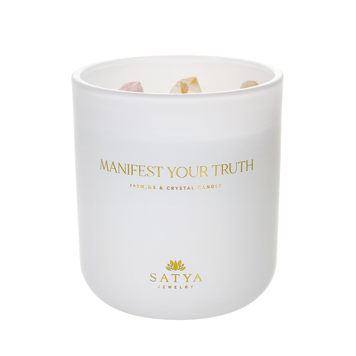 Manifest Your Truth Intention Candle from Satya Jewelry, featuring gemstones for spiritual healing and meditation, perfect for enhancing your manifestation journey. This candle symbolizes protection and meaning in your yoga practice.