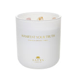 Manifest Your Truth Intention Candle from Satya Jewelry, featuring gemstones for spiritual healing and meditation, perfect for enhancing your manifestation journey. This candle symbolizes protection and meaning in your yoga practice.