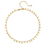 Shimmering Sky Choker Necklace featuring hammered golden discs, designed as spiritual jewelry for meditation and manifestation, with a meaningful charm for protection and connection to the sun and moon.