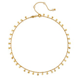 Shimmering Sky Choker Necklace featuring hammered golden discs, designed as spiritual jewelry for meditation and manifestation, with a meaningful charm for protection and connection to the sun and moon.