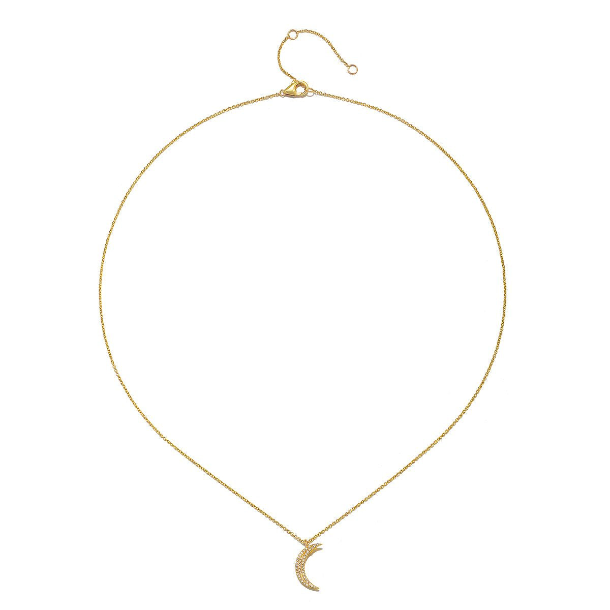 Moon Diamond 14kt Gold Pendant Necklace featuring a crescent moon symbolizing nourishment and protection, adorned with diamonds. This exquisite piece of spiritual jewelry serves as a talisman for meditation and manifestation, perfect for yoga enthusiasts. Its elegant design embodies meaningful charm, making it an ideal addition to any zodiac-themed collection.