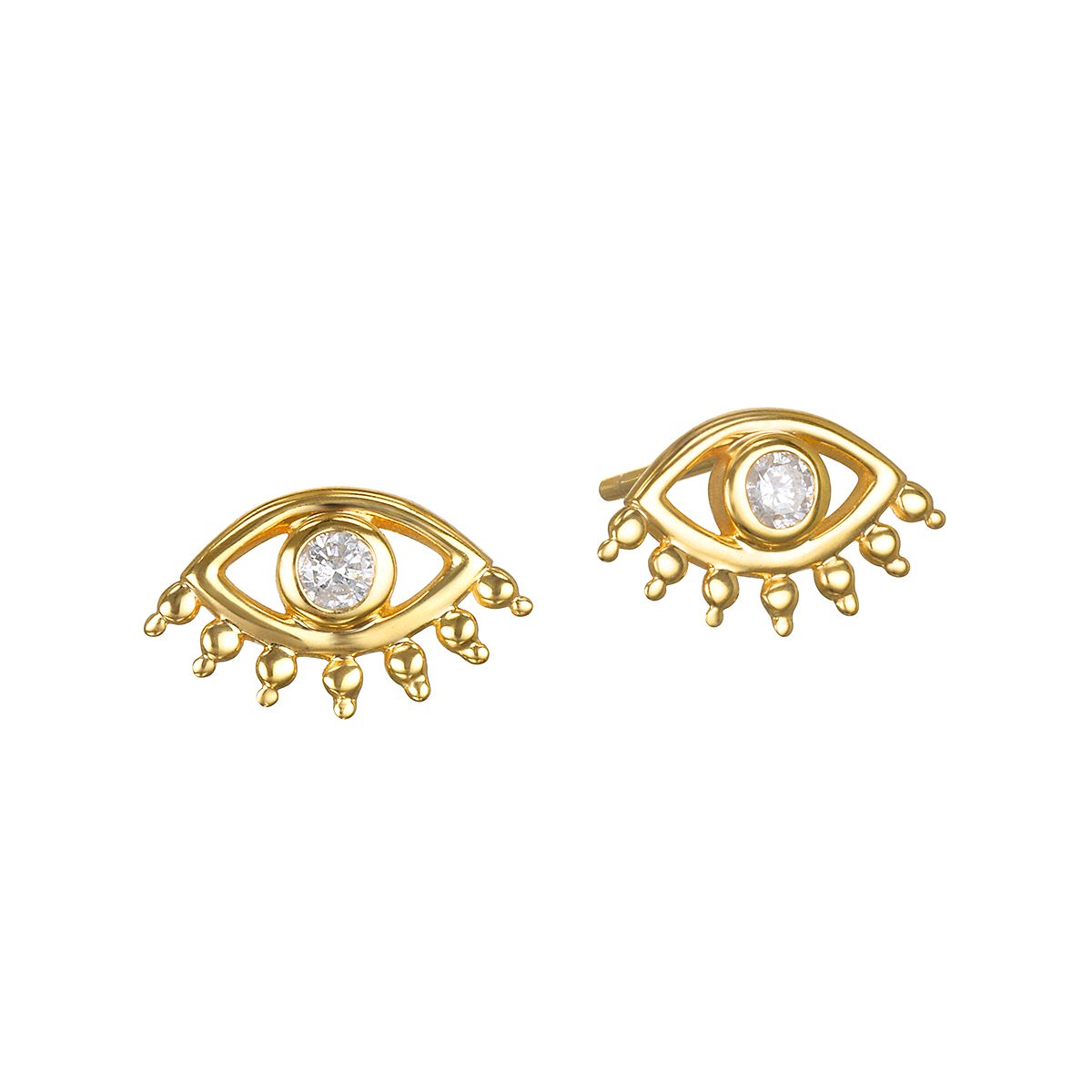 Evil Eye Diamond 14kt Gold Stud Earrings showcasing a unique design, symbolizing protection and intuition. This pair of spiritual jewelry is perfect for daily wear and meaningful for those who practice meditation and seek comfort in their journey. The earrings are a charming talisman ideal for yoga enthusiasts, conveying the essence of zodiac signs and manifestation.