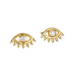 Evil Eye Diamond 14kt Gold Stud Earrings showcasing a unique design, symbolizing protection and intuition. This pair of spiritual jewelry is perfect for daily wear and meaningful for those who practice meditation and seek comfort in their journey. The earrings are a charming talisman ideal for yoga enthusiasts, conveying the essence of zodiac signs and manifestation.