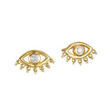 Evil Eye Diamond 14kt Gold Stud Earrings showcasing a unique design, symbolizing protection and intuition. This pair of spiritual jewelry is perfect for daily wear and meaningful for those who practice meditation and seek comfort in their journey. The earrings are a charming talisman ideal for yoga enthusiasts, conveying the essence of zodiac signs and manifestation.