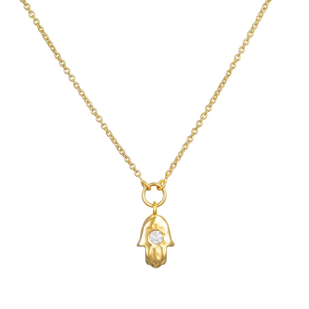 Mini Hamsa Diamond 14kt Gold Pendant Necklace displayed on a delicate chain, symbolizing protection and blessings. This spiritual jewelry piece represents meditation and is a meaningful talisman for manifestation, making it perfect for yoga enthusiasts. The diamond accent adds charm and clarity to this elegant necklace.