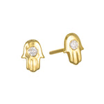 Mini Hamsa Diamond 14kt Gold Stud Earrings showcasing a beautiful hamsa symbol, embodying protection and blessings. This spiritual jewelry, perfect for meditation and as a talisman, represents meaningful charm for zodiac enthusiasts and yoga practitioners, embracing concepts of manifestation under the sun and moon.