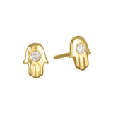 Mini Hamsa Diamond 14kt Gold Stud Earrings showcasing a beautiful hamsa symbol, embodying protection and blessings. This spiritual jewelry, perfect for meditation and as a talisman, represents meaningful charm for zodiac enthusiasts and yoga practitioners, embracing concepts of manifestation under the sun and moon.