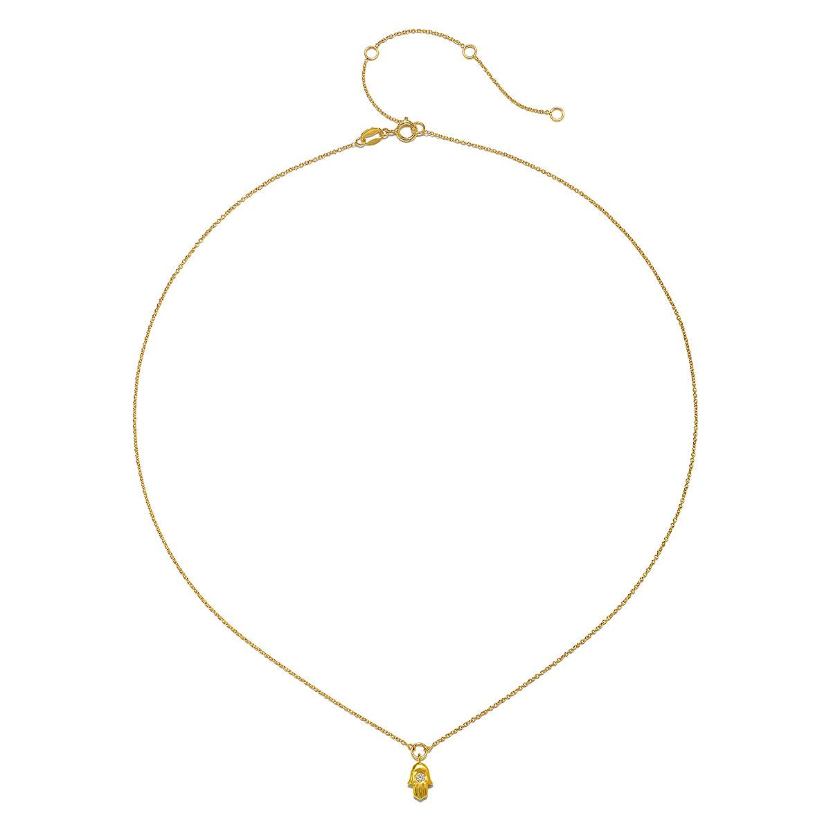 Mini Hamsa Diamond 14kt Gold Pendant Necklace, a delicate symbol of spiritual jewelry representing protection and blessings, perfect for meditation and manifestation. This meaningful charm is designed for yoga enthusiasts and those seeking to embrace joy and light in their lives.