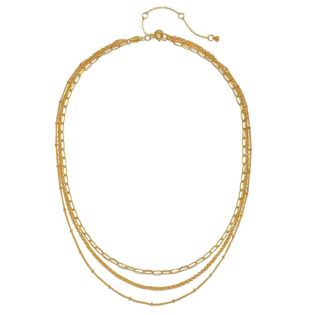 Layered Beauty Multiple Chain Necklace featuring a stylish design in 18kt gold plate, perfect for everyday wear. This spiritual jewelry embodies the meaning of connection and alignment with the sun, moon, and yoga philosophy, ideal for those interested in meaningful meditation and manifestation.