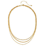 Layered Beauty Multiple Chain Necklace featuring a stylish design in 18kt gold plate, perfect for everyday wear. This spiritual jewelry embodies the meaning of connection and alignment with the sun, moon, and yoga philosophy, ideal for those interested in meaningful meditation and manifestation.