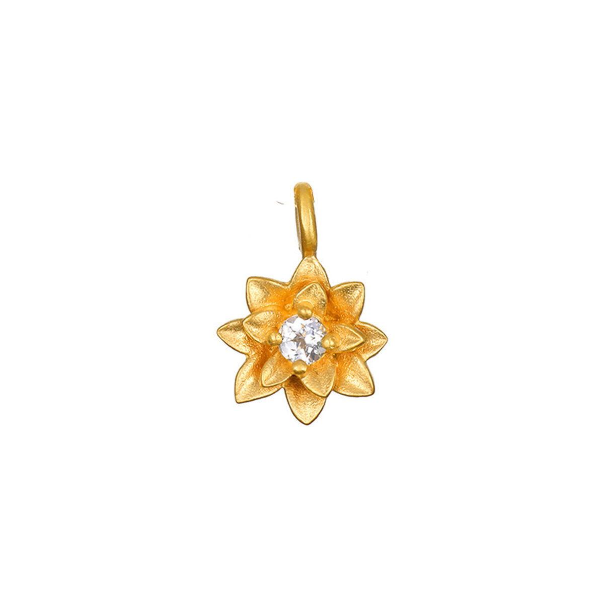 Soul Renew Gold Lotus Charm featuring an elegant lotus flower design with a brilliant white topaz center, symbolizing new beginnings and transformation. This spiritual jewelry piece serves as a meaningful talisman for meditation and manifestation, perfect for yoga enthusiasts seeking protection and inspiration.