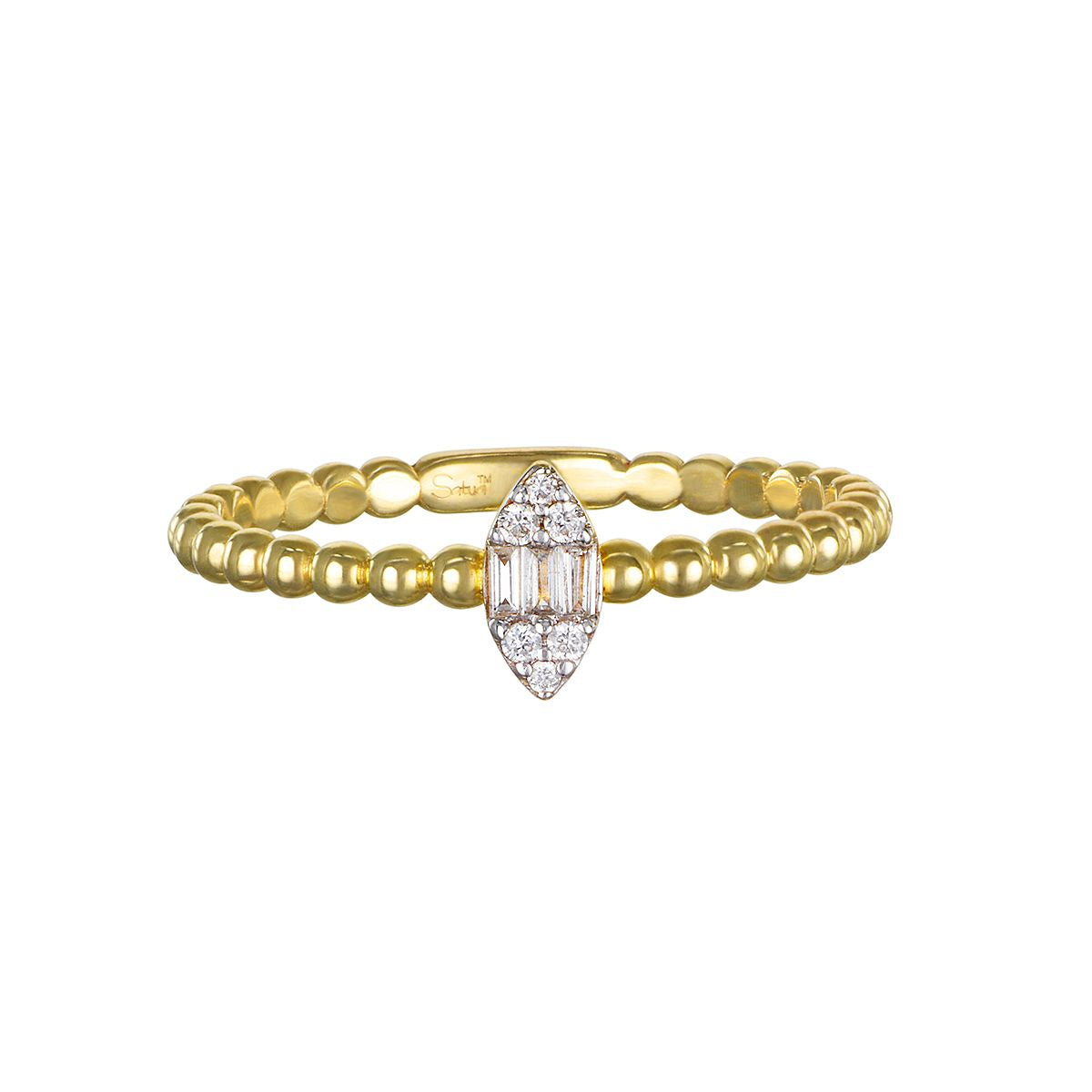 Diamond 14kt Gold Marquise Ring beautifully designed with a beaded band, showcasing a stunning marquise diamond. This piece is perfect for those who appreciate spiritual jewelry and seek meaningful adornments for meditation and manifestation, embodying attributes of clarity and power.