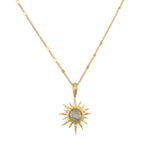 North Star Labradorite Starburst Necklace featuring a stunning labradorite pendant, perfect for spiritual jewelry enthusiasts. This unique piece serves as a talisman for meditation and manifestation, embodying the essence of the sun with its starburst design. Ideal for yoga practitioners and those seeking protection and meaningful charms in their collection.