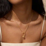 A model wearing the Guiding Faith Star of David Charm on a delicate gold chain, showcasing the significance of spiritual jewelry in meditation and as a talisman for protection. This stunning piece is not just a zodiac accessory, but also a meaningful representation of light and intention.