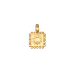 Sun Square Charm featuring an 18kt gold plated sun design, symbolizing vitality and leadership. This spiritual jewelry piece is perfect as a meaningful talisman, enhancing your meditation practice and adding a touch of manifestation to your collection of charms. Ideal for yoga enthusiasts, this charm captures the essence of the sun with its intricate design, making it a wonderful addition to any mala or zodiac-inspired jewelry.