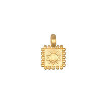 Sun Square Charm featuring an 18kt gold plated sun design, symbolizing vitality and leadership. This spiritual jewelry piece is perfect as a meaningful talisman, enhancing your meditation practice and adding a touch of manifestation to your collection of charms. Ideal for yoga enthusiasts, this charm captures the essence of the sun with its intricate design, making it a wonderful addition to any mala or zodiac-inspired jewelry.