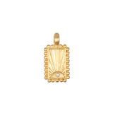 The Sunburst Rectangle Charm features an 18kt gold plated design symbolizing vitality and leadership, perfect for spiritual jewelry enthusiasts seeking a meaningful addition to their collection. This charm embodies themes of protection and manifestation, making it ideal for meditation and yoga practices.
