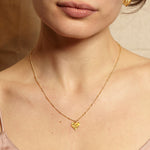 Close-up of a model wearing the Spirit of Love Gold Heart Necklace, showcasing its intricate design, ideal for yoga practices or as a unique piece of spiritual jewelry representing love and compassion.