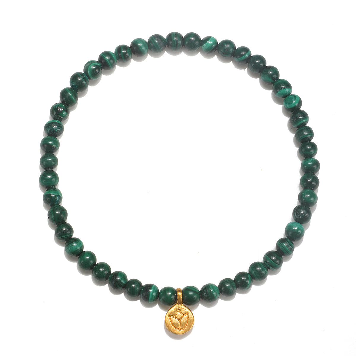 Personal Evolution Lotus Malachite Gemstone Bracelet featuring smooth round malachite beads and a delicate golden lotus charm, embodying spiritual jewelry for meditation and meaningful manifestation.