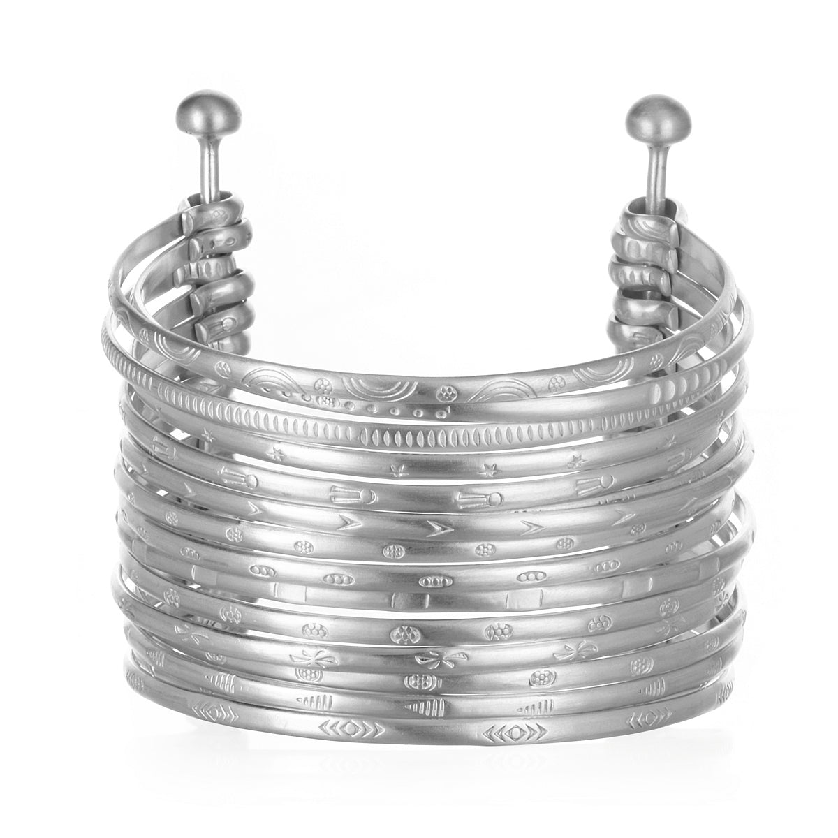 Silver Large Bangle Bracelet Cuff - Something Special, featuring sixteen hand-stamped bangles beautifully combined to create a unique cuff style that embodies spirituality, ideal for meditation, talisman use, and zodiac representation. This artisan piece reflects a meaningful aesthetic, perfect for yoga or manifestation practices, offering both protection and elegance under the sun and moon.