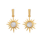 North Star Moonstone Starburst Earrings showcasing luminous moonstones set in 18KT gold plate starbursts; a perfect piece of spiritual jewelry for meditation and meaningful manifestation, representing sun and moon energies.