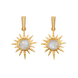 North Star Moonstone Starburst Earrings showcasing luminous moonstones set in 18KT gold plate starbursts; a perfect piece of spiritual jewelry for meditation and meaningful manifestation, representing sun and moon energies.