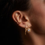 Close-up of a model wearing North Star Moonstone Starburst Earrings, highlighting their elegant design; ideal spiritual jewelry and charm for yoga practitioners seeking guidance, protection, and a deeper connection to their zodiac.