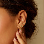 Close-up of a model wearing the Incandescent Spirit 14kt Gold Diamond Stud Earrings, highlighting the exquisite design and shine. These earrings represent spiritual elegance, ideal for those seeking a meaningful connection with their spiritual practice, including meditation and zodiac charm.