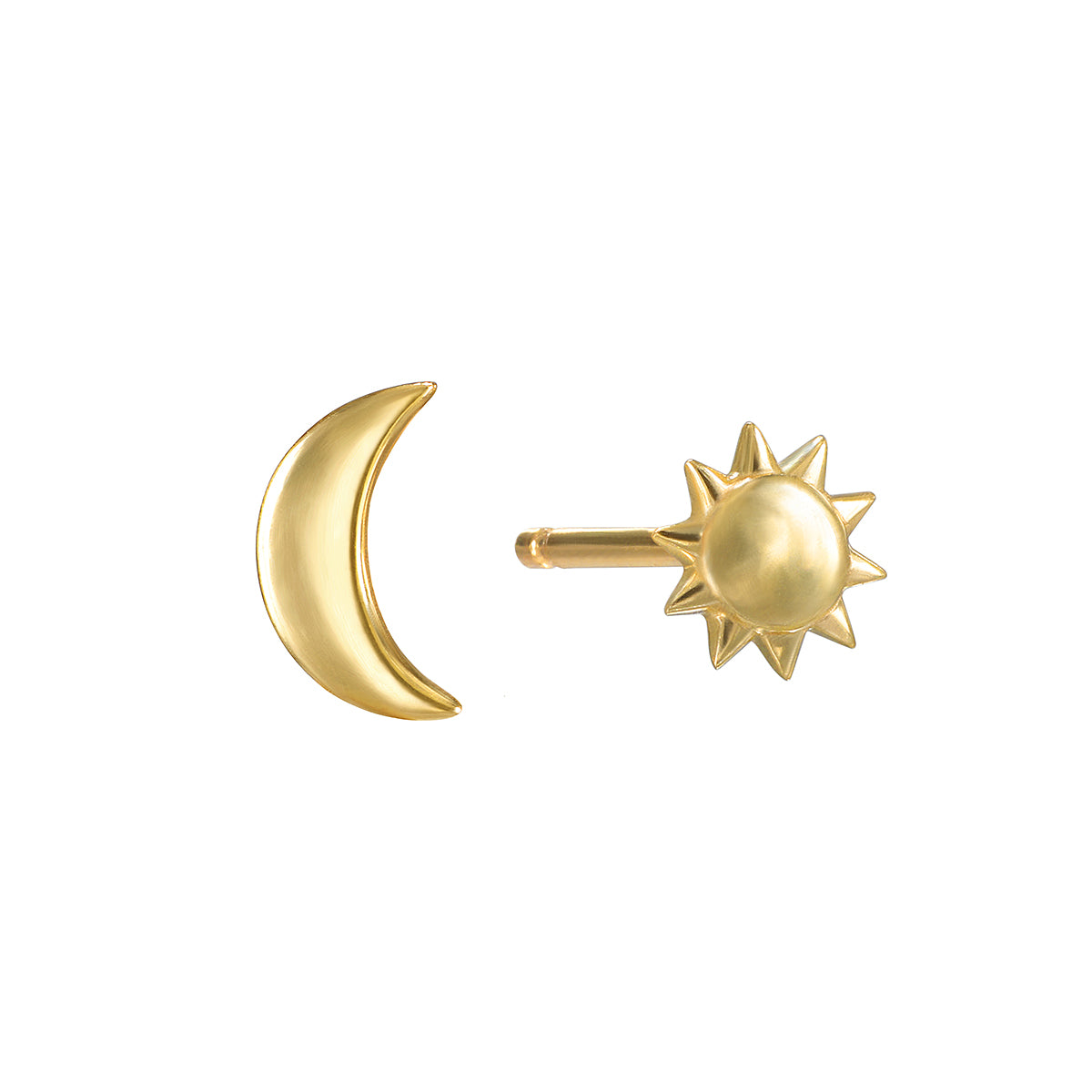 Celestial Guidance 14kt Gold Sun Moon Stud Earrings showcasing a gold sun and crescent moon design, perfect for spiritual jewelry enthusiasts. This meaningful pair serves as a talisman for meditation, representing vitality and protection while embodying the essence of the sun and moon. Ideal for yoga practitioners and those who believe in the power of manifestation, these charms add a touch of zodiac significance to any outfit.