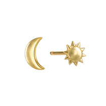 Celestial Guidance 14kt Gold Sun Moon Stud Earrings showcasing a gold sun and crescent moon design, perfect for spiritual jewelry enthusiasts. This meaningful pair serves as a talisman for meditation, representing vitality and protection while embodying the essence of the sun and moon. Ideal for yoga practitioners and those who believe in the power of manifestation, these charms add a touch of zodiac significance to any outfit.