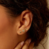 A close-up image of the Celestial Guidance 14kt Gold Sun Moon Stud Earrings worn on an ear, featuring a stylish combination of a sun and a crescent moon. These earrings are perfect for spiritual jewelry lovers seeking meaningful pieces for meditation and protection. With their charm and zodiac symbolism, they are an ideal accessory for enhancing spiritual practices like yoga and manifestation.